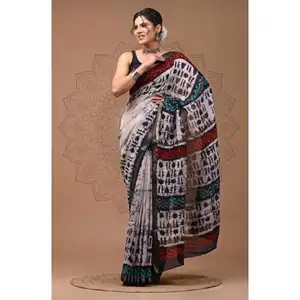 Saree de seda Chanderi com borda dourada, desenho indiano tradicional moderno mais recente, estampado em bloco de mão pura, preço de atacado disponível