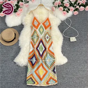 Wholesale Custom Camisole Slip Dress Manufacturer Rhombus Handmade Knitted Women Clothing Crochet Sweater Dress