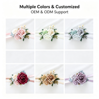 Corsage Pergelangan Tangan Buatan Tangan dengan Mawar Tiruan Real Touch, Daun Hijau Campuran, dan Pita Satin untuk Pengiring Pengantin, Pengantin Wanita, Pernikahan, Homecoming, dan Pesta