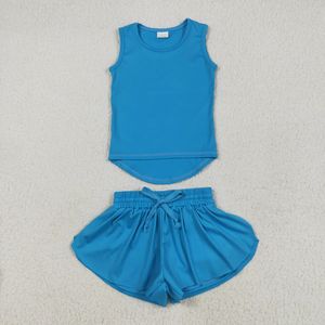Conjunto de Shorts Deportivos de Yoga para Niñas en Color Azul Sólido - Product Image 1