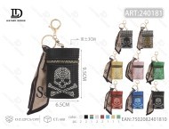 Flat Round Skull Leather Key Chain Hot <b>Drill</b> Embossing <b>Mini</b> Bag Gift - Product Image 1