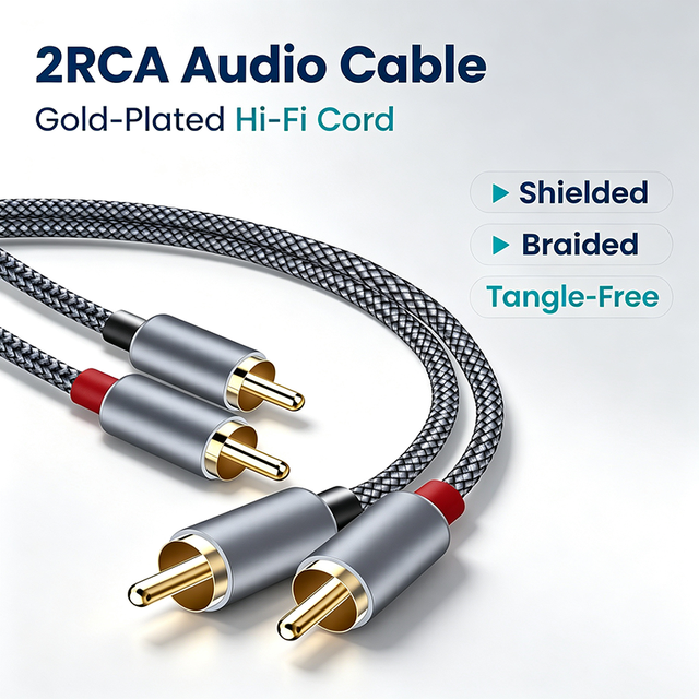 2RCA Male Male Stereo Audio Cable Double Shielded OFC 24K Gold Plated Nylon Braided Amplify Speaker Turntable Subwoofer Car
