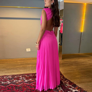 Robe longue plissée rose <span class=keywords><strong>Karlie</strong></span> en polyester de couleur unie à col rond, style portefeuille, vente en gros - Product Image 2