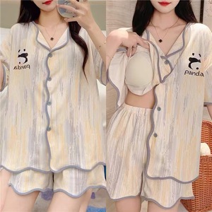 2026 Summer Women Pajamas Set With Chest Pad Short Sleeve Shirt and Pant Cartoon Printed Loose Casual Home Wear Set With Bra - Product Image 3