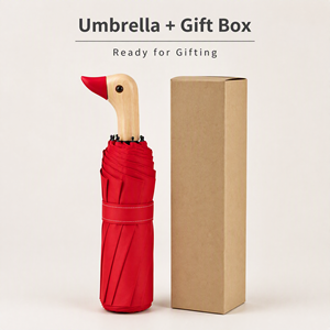 Parapluie pliant compact rouge certifié BSCI, avec poignée en bois en forme de tête de canard, résistant au vent, pour voyages, pluie et soleil, pour femmes - Product Image 1