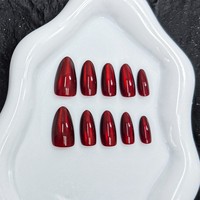 T1065 Kaixin Faux Ongles à Presser Amande Moyenne Rouge Vif Effet Œil de Chat Brillant Réutilisables Vente en Gros
