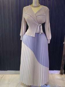 Robe de Soirée Décontractée Élégante <span class=keywords><strong>Miyaki</strong></span> 2025 pour Femme, Col en V, Manches Lanternes, Ceinture, Design Plissé Bicolore, Grandes Tailles - Product Image 5