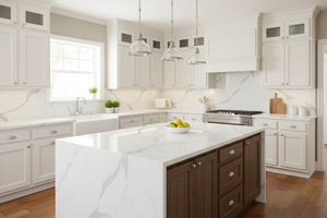 Échantillon Gratuit 100% Quartz Artificiel Vietnamien CALACATTA NEEDLE Grande Dalle pour Plans de Travail Modernes de Cuisine et Salle de Bain - Product Image 4