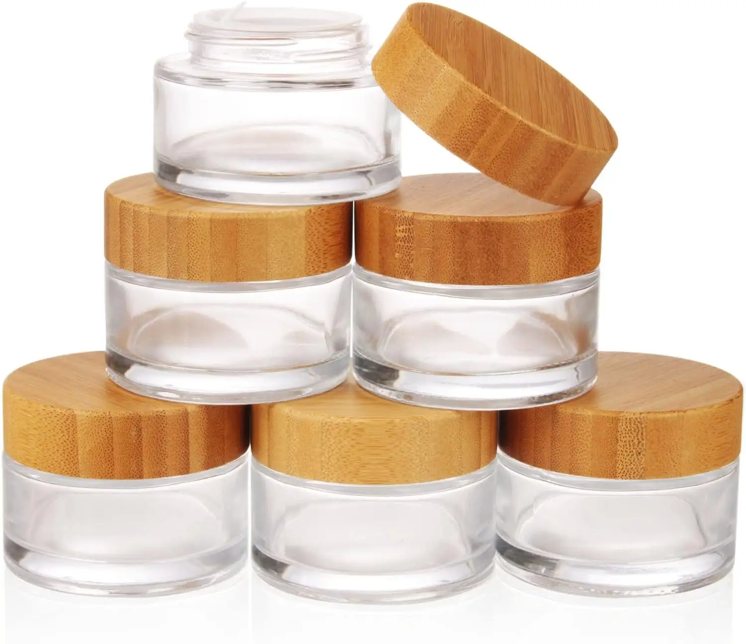 Embalagem luxuosa para cuidados com a pele, recipiente de vidro fosco com tampa de madeira de bambu, 5g, 10g, 15g, 20g, 30g, 50g, 60 ml e 100ml