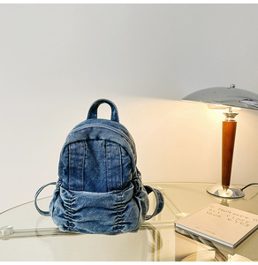 Venta caliente estilo universitario elegante viaje mochila ocio duradero plicado lavado envejecido Denim Mini mochila diaria - Product Image 4
