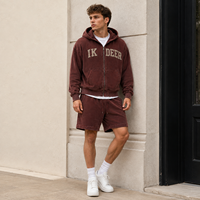 Ensemble sweat à capuche zippé en tricot gaufré personnalisé IKDEER avec short à cordon de serrage et lettres appliquées pour un style urbain décontracté vintage