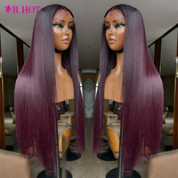 Wig Rambut Asli Warna Burgundy Ombre 99j Mewah Grosir, Wig Rambut Asli Mentah Berwarna Burgundy 5x5 HD Lace Tanpa Lem untuk Wanita Kulit Hitam