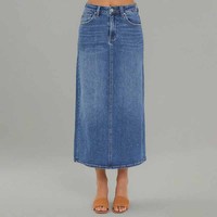 Rok Denim Midi Pensil Kasual Elegan Wanita, Rok Jeans Panjang Berpinggang Tinggi