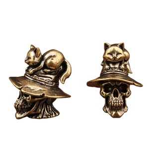 Brass Cat Skull Figurine 2Pcs Miniature Ornament Halloween Home Decor Eclectic Style - Product Image 5