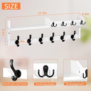 Wooden <b>Wall</b> <b>Mounted</b> <b>Shelf</b> With Hooks 2 Tier Solid Wood Storage Rack For Coat Key Hat Bedroom Entryway Organization - Product Image 4