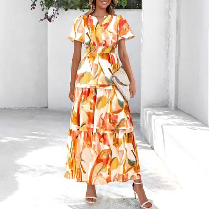 Ladies Summer Bohemian Maxi Dress - Floral & Short Sleeve