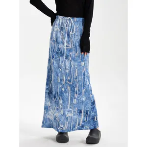 Vintage worn-design Distress denim casual long skirt high-waisted printed bustier elastic trim belt summer thin section skirts