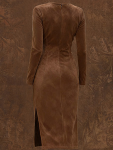 Abito Vintage da Donna Stile Western, Aderente, Collo Tondo, <span class=keywords><strong>Maniche</strong></span> <span class=keywords><strong>Lunghe</strong></span>, con Frange, in Camoscio Antistatico, Lunghezza Media, Vita Impero - Product Image 2