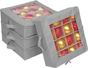 4 Pcs Christmas Ornament Storage Boxes with Dividers, Transparent Top, Zipper Closure & Handles- 4 Individual Ornament Holder