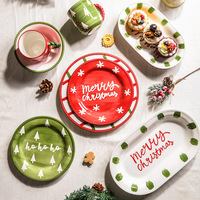 Vente directe d'usine, vaisselle de Noël en céramique écologique, peinte à la main, design frais, avec assiettes, bols, tasses