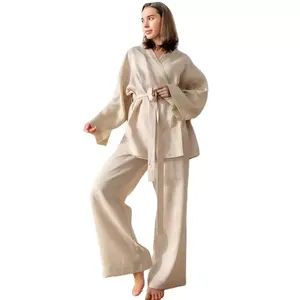 Autunno <span class=keywords><strong>donna</strong></span> pigiama a maniche lunghe alla moda Casual abito di lino di cotone con modello solido vendita caldo vestiti per la <span class=keywords><strong>casa</strong></span> - Product Image 3