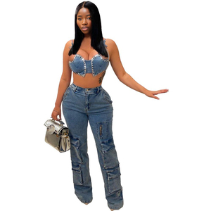 กางเกงยีนส์สีน้ำเงินทรงตรงสำหรับผู้หญิง มีกระเป๋า กางเกงยีนส์ขากว้าง แฟชั่นสำหรับผู้หญิง - Product Image 1