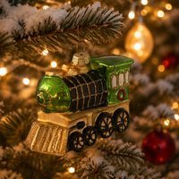 Ornamen Kaca Lokomotif Kereta Natal, Figur Hijau Beige Hitam dengan Glitter, Hiasan Gantung Pohon Natal untuk Rumah dan Pesta