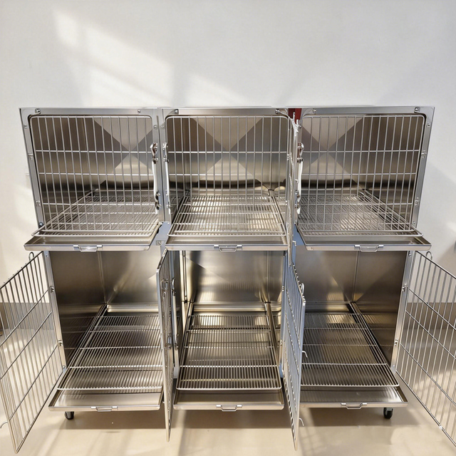 304 Stainless Steel Pet Hospital Cage Dog Cat IV Infusion Boarding Kennel Veterinary Clinic Animal Recovery Cage with Wheels