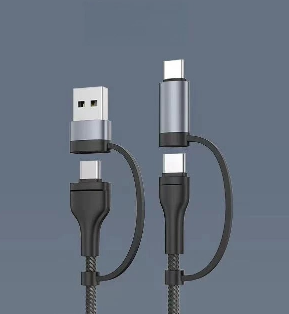 4 in 1 Nylon Braided Phone Cord 60W Fast Charging & Data Cable for Type C (USB-C) & IOS & USB Devices