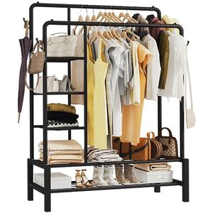 SENYU Double Rods <b>Clothing</b> <b>Rack</b> with 2 Bottom Shelves & 4 Side Shelves - Product Image 1