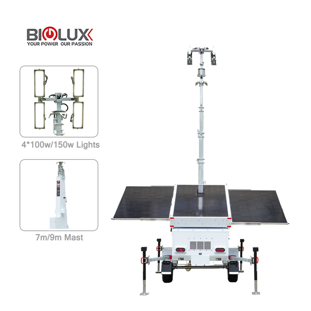 Biglux 9M Mobile Solar LED Lighting Tower with Emergency Lighting IP65 DC/AC Power Electric/Manual Mast