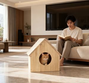 بيت خشبي طبيعي صديق للبيئة للقطط والكلاب، سرير مريح للحيوانات الأليفة - Product Image 1