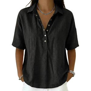 Camiseta de Lino de Manga Corta para Mujer, Cuello Camisero, Corte Holgado, Estilo Casual de Verano - Product Image 5