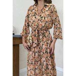 Elegante Vestido Camisero de Gasa con Estampado Floral, Cinturón, Cuello Camisero, Cintura Natural, Transpirable, Informal, Largo, para Uso Diario - Product Image 1