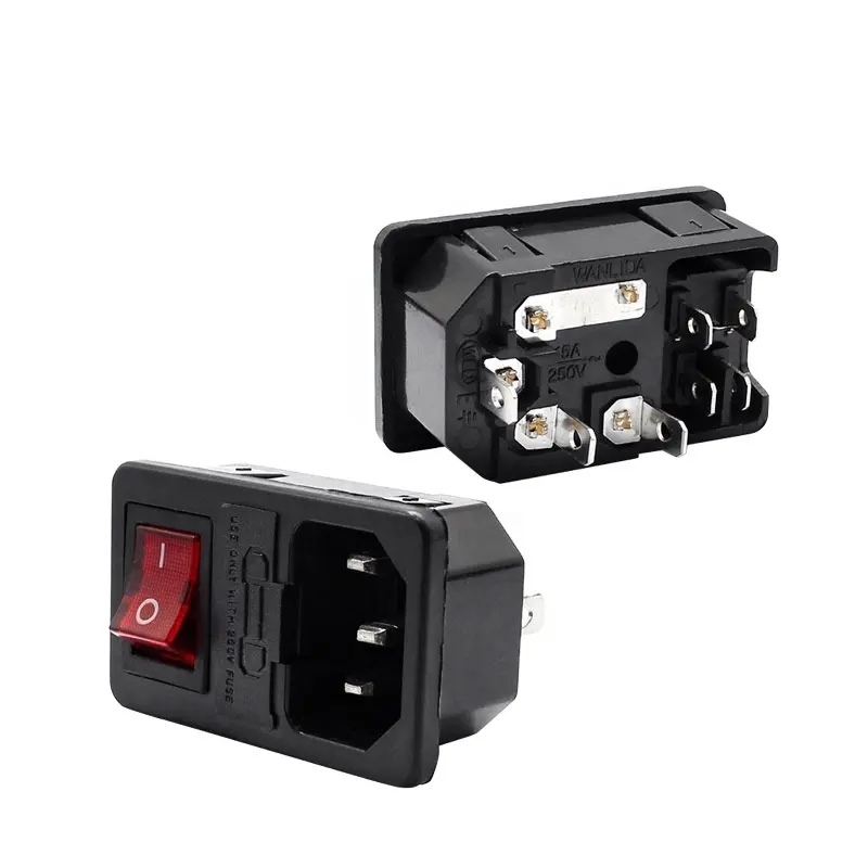 10A 250V AC power socket plug power socket with red rocker switch and fuse holder socket 3/4 Pin IEC 320 C14 inlet connector