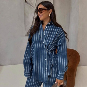 Cardigan casual americano a maniche lunghe, camicia a righe, stile africano occidentale, <span class=keywords><strong>taglie</strong></span> <span class=keywords><strong>forti</strong></span>, nuovo <span class=keywords><strong>completo</strong></span> due pezzi con pantaloni da donna - Product Image 2