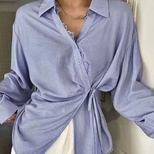 Camisa de Manga Larga Azul Estilo Intelectual Europeo y Americano Otoño 2026, Camisa con Cordones, Cárdigan, Ropa de Mujer - Product Image 1