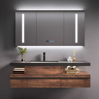 Meuble de salle de bain en bois massif de luxe léger, vasque intégrée en céramique sans joint avec plateau en roche, armoire miroir personnalisable