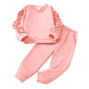 Set baju hoodie anak perempuan, baju celana hoodie lengan panjang, setelan pakaian anak perempuan, baju kerut, baju merah muda, untuk anak perempuan