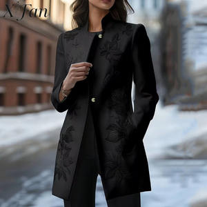Blazer Elegante para Mujer 2026 al por Mayor, Chaqueta Negra con Bordado Floral Suave y Cuello Alto - Product Image 1