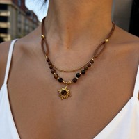 Collier pour femme en acier inoxydable Maillard style vintage, avec pierre naturelle soleil couchant, chaîne en cuir velours et perles