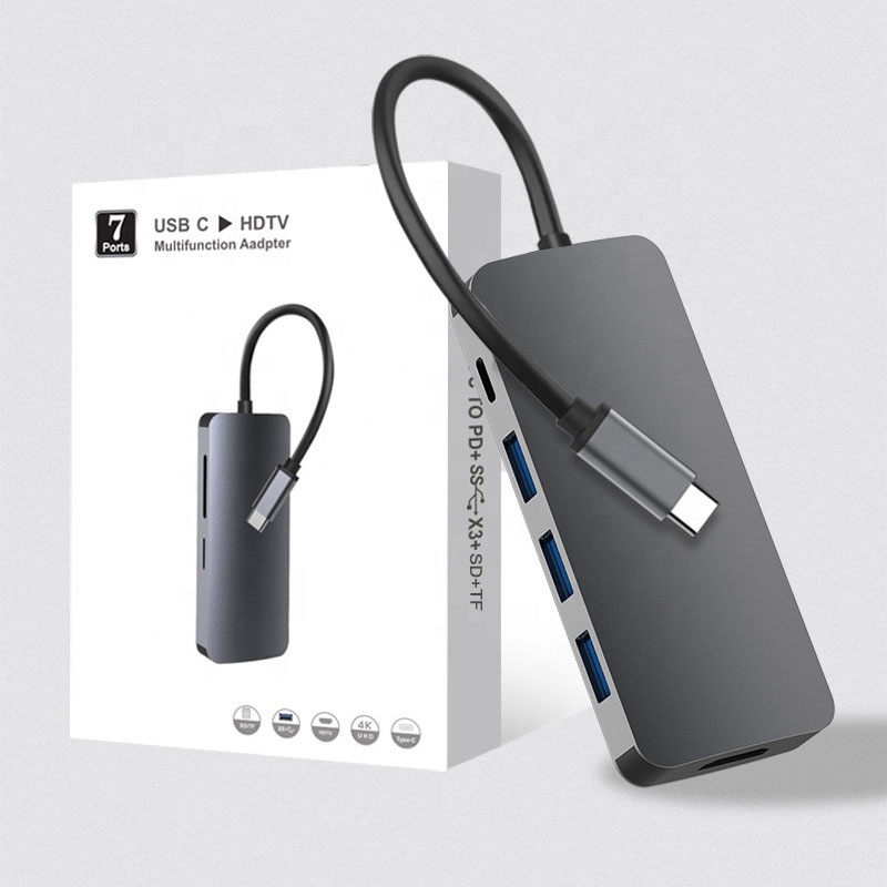 Aluminum 4K Hdtv Type-C to 7-In-1 Usb C Hub Adapter Type-C/Sd Usbc to Multiport Adapter Usb Type C Hub