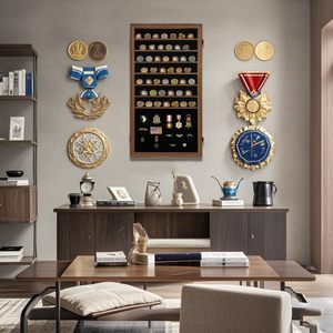 Vitrine de présentation verrouillable en bois de noyer avec fond mural pour pièces de monnaie, badges et insignes - Product Image 6