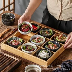 Bandeja de servir de bambú de estilo japonés con nueve compartimentos para restaurante de hot pot, vajilla con secciones para verduras - Product Image 2