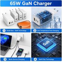 Chargeur mural rapide USB-C PD GaN 65W, adaptateur secteur mini 3 ports avec double Type C et USB-A pour ordinateur portable, tablette, téléphone