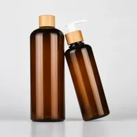 Botol Kosmetik Plastik PET Amber yang Dapat Disesuaikan dengan Tutup Pompa Kayu Bambu untuk Serum Perawatan Kulit, Lotion, Logo Kustom, Mewah Ringan