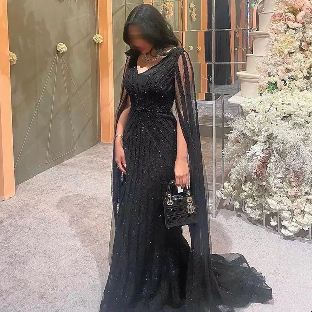 green emerald velvet dress Cape-Sleeve Long Beaded Prom Dress CD0204 Black / Medium