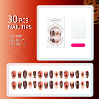 Lot de 30 faux ongles amande Halloween, couleur fumée foncée avec motifs léopard, araignée et chauve-souris dorée, vente en gros