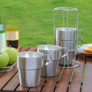 Double Coffee Cup Stackable Stainless Steel Camping Cup Mini Cup with Base <b>Bracket</b> - Product Image 4