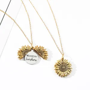 Nuevo collar con colgante de girasol de concha de acero inoxidable, joyería, collar redondo You Are My Sunshine, joyería